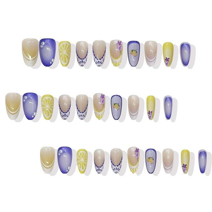 30Pcs Summer Press on Nails Almond Medium Fake Nails with Lemon Flower French Design False Nail Tip 3D Pearl Charms Stick on Nails Full Cover Artificial Glue on Nails for Women DIY Manicure Daily Wear