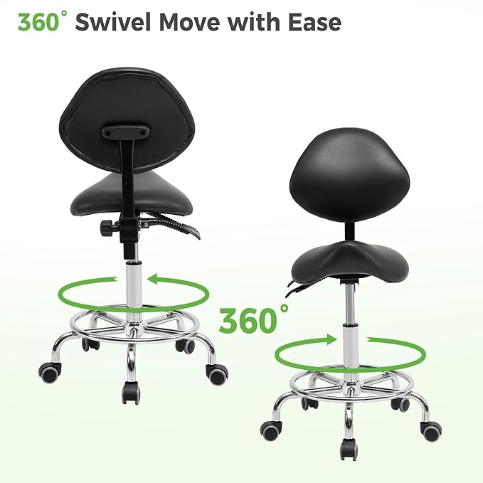 Tatub Saddle Stool, Rolling Stool with Back Support, Ergonomic Saddle Chair, Adjustable Stool with Wheels for Salon, Tattoo, Spa, Dentist, Massage, Office