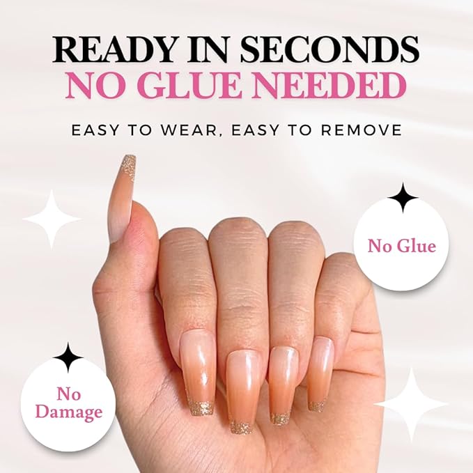 Perfect Look Press On Nails - Coral Shine | No Glue One-Day Coffin Nails, Peach Ombre Nails with Glitter French Tips - 24 Pcs Nail Kit with Adhesive Tabs