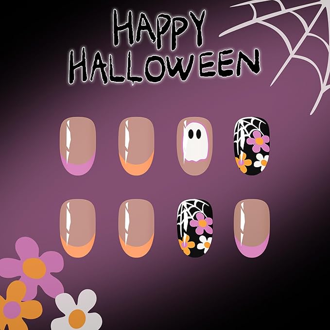 24Pcs French Tip Press on Nails Medium Almond Nails Halloween Fake Nails with Designs Reusable Pumpkin Stick on Nails Spider Web False Nails Ghost Acrylic Nails Cute Flower Glue on Nails for Women