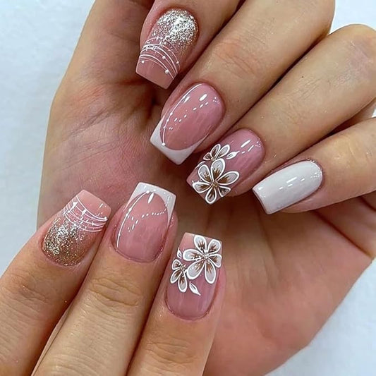 White French Tip Press on Nails Medium Square Fake Nails Glossy Pink Acrylic Full Cover Flower Glue on Nails with Glitter Designs French False Nails Stick on Nails Artificial Nails for Women Girls