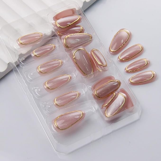 Press on Nails Almond Cat Eye Fake Nails 3D Gold Acrylic False Nails Press ons with Stripes Bubble Designs Pink Glossy Cute Glue on Artificial Nails for Women Girls Manicure 24Pcs