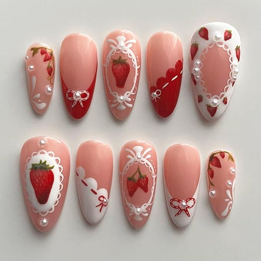 24Pcs Cute Strawberry Press on Nails Medium Almond Fake Nails with 3D Pearl Designs Stick on Nails Bow False Nails Summer Acrylic Nails Sweet Lace Glue on Nails for Women Nail Decoration Supplies
