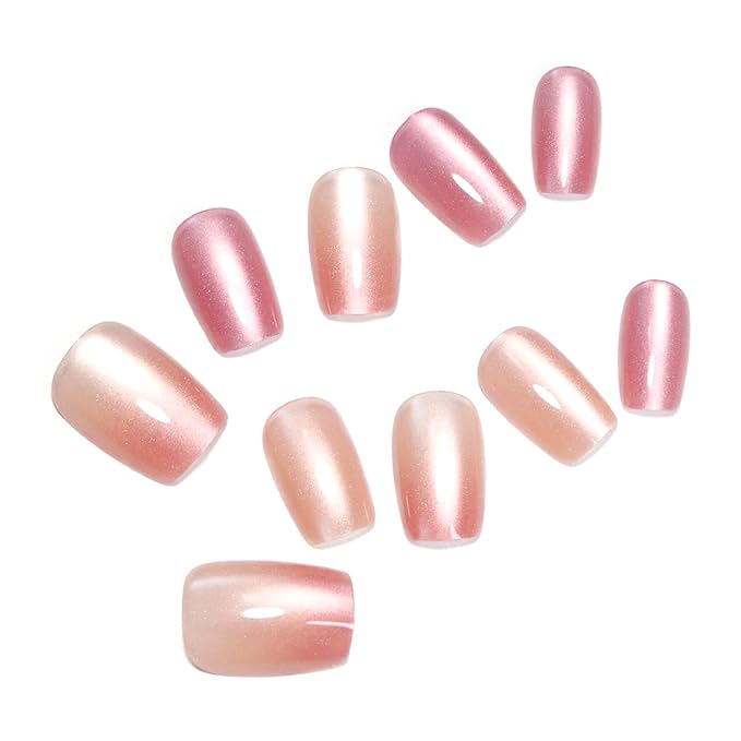 Nude Pink Glossy Press On Nails Short Square - 10PCS Fake Nails with Nail Kit, Reusable Stick On Nails with Glue Tabs for Women Girls, Natural Look Artificial Nails for Daily Wear