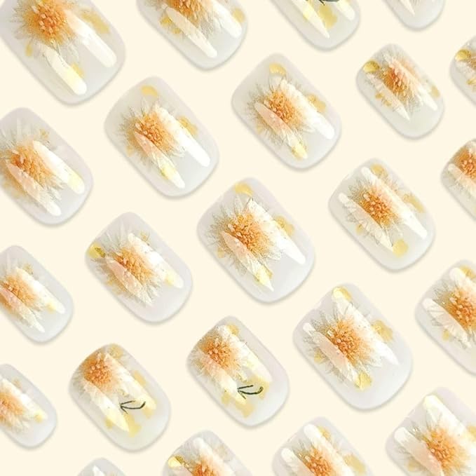 Short Square Press on Nails White Fake Nails with Flower Design Spring False Nails for Girls and Kids 24pcs