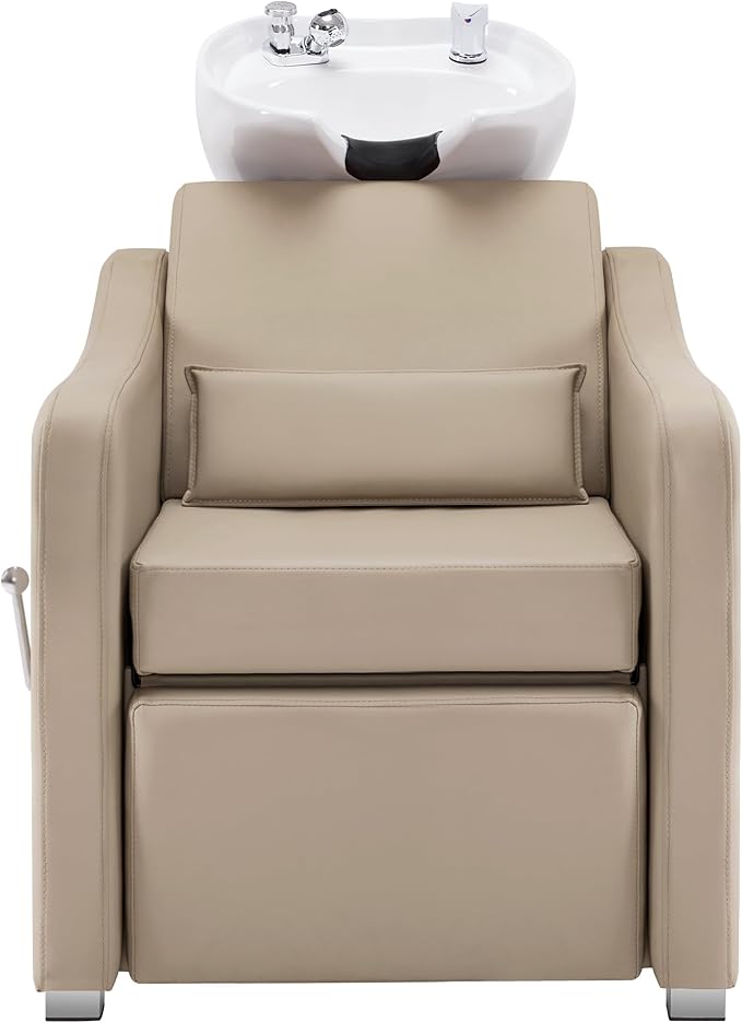 BarberPub Backwash Shampoo Station Chair, Adjustable Porcelain Ceramic Hair Wash Bowl with Chair, Shampoo Station for Barber Shop, Spa Beauty Salon Equipment 9364 (Creamy White)