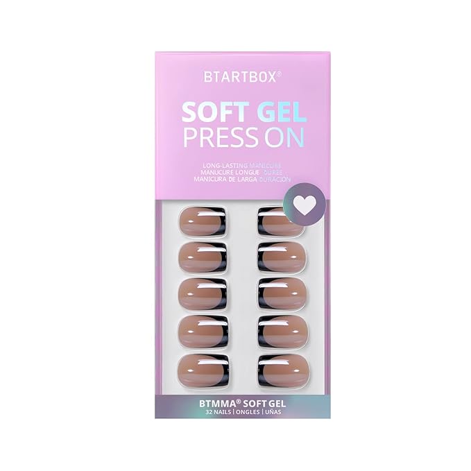 BTArtbox Press on Nails Short Square - Black Chrome French Tip Press On Nails, Glazed Glue On Nails for Women Gifts, Natural Stick On Nails in 15 Sizes - 30 Fake Nails Kit, Braveheart