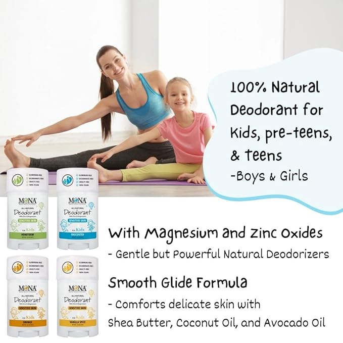MONA UNSCENTED 100% Natural Deodorant for Kids, Preteens & Teens | Hypoallergenic & Vegan | No Baking Soda, Synthetic Scents or Aluminum | Safe for Kids with Sensitive Skin | (UNSCENTED 1.76 Oz)