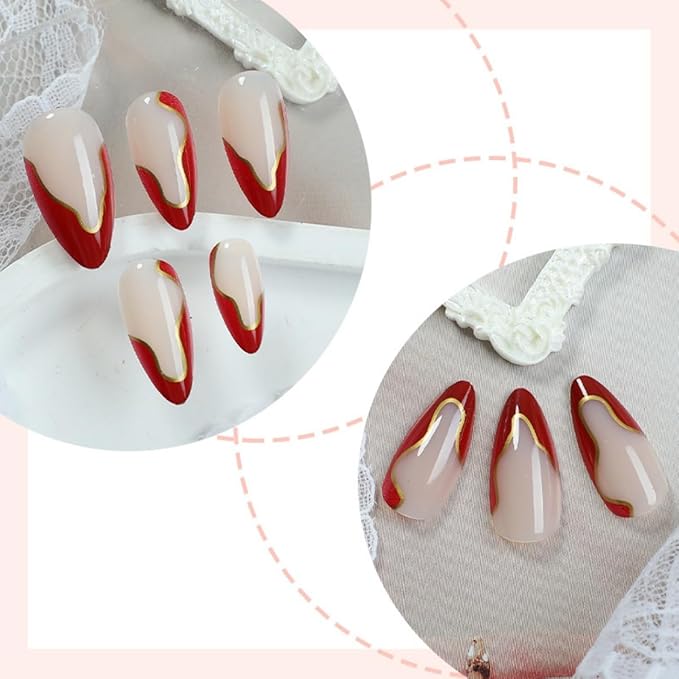 Red French Tip Press on Nails Medium Almond Fake Nails with Gold Curve Design Stick on Nails Glossy Nude False Nails Reusable Full Cover Acrylic Glue On Nail for Women Manicure 24Pcs
