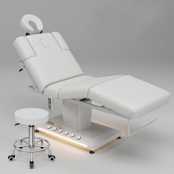 Icoget Professional Full Electric Spa Massage Treatment Table, Medical Bed with Independent Leg Adjustment, Facial Bed with Face Cradle for Beauty, White