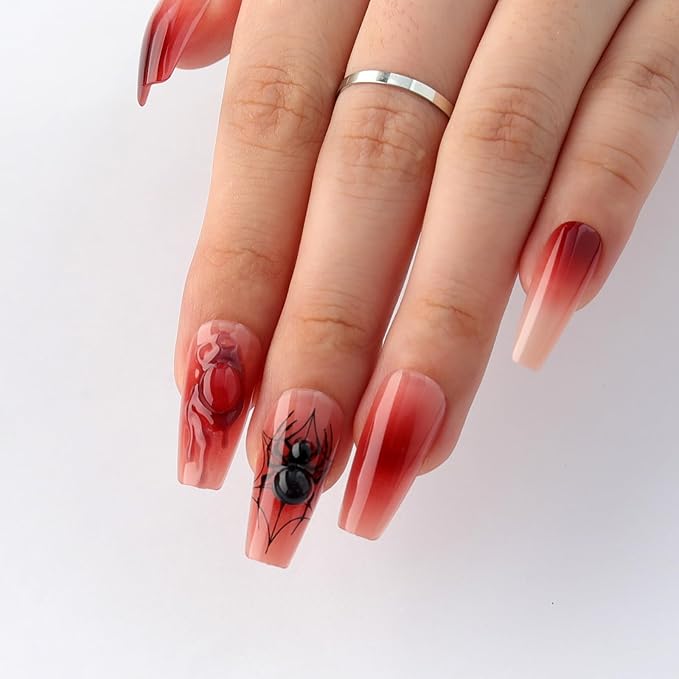 Halloween Coffin Press On Nails Medium Long, Blood Red Ombre Fake Nails with 3D Spider Embellishments, Blood Drip Effect & Haunted Castle Patterns Reusable fall Glue on Nails Kit for Women