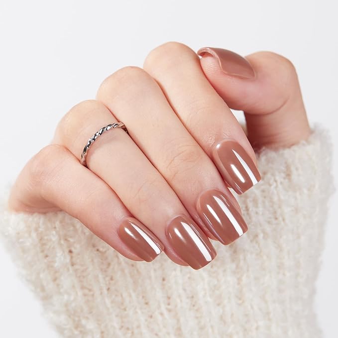 Modelones Brown Press on Nails, Christmas Short Square Fake Nails, Chrome Reusable Nail Kit with Nail Glue Adhesive Tabs Mini Nail File, Nails Press Ons 32Pcs 16Sizes