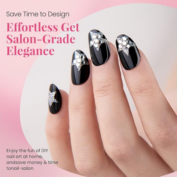 evpct Black Goth Cat Eye Short Press on Nails Oval, Short Oval Glue on Nail for Women Gift, Gothic Silver Star Metallic Glitter Glossy Reusable Spring Summer Gel Press on Acrylic Fake Nail with Design