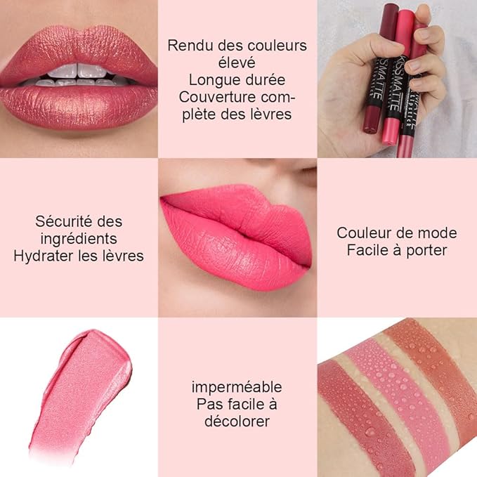 evpct 3Pcs Light Natural Pink Metallic Matte Lip Liner Pencil Crayon and Lipstick Set Long Lasting Waterproof Matching Lipstick and Lip Liner Set 24 Hour labiales mate 24 horas originales 1&4&7