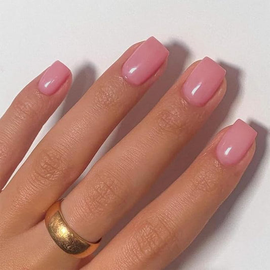 48 Pieces Rose Pink Square Press on Nails Short,KQueenest Gel Fake Nails Short Coffin,Pure Bright Color Natural Petite Nails,Solid Stick on Nails Press on for Women
