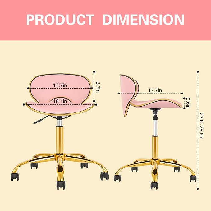 Rolling Stool with Back Support, Salon Stool with Wheels for Spa, Cute Swivel Chair for Lash, Nail Tech and Hair Stylist, Height Adjustable Chair for Massage Beauty Makeup-Pink
