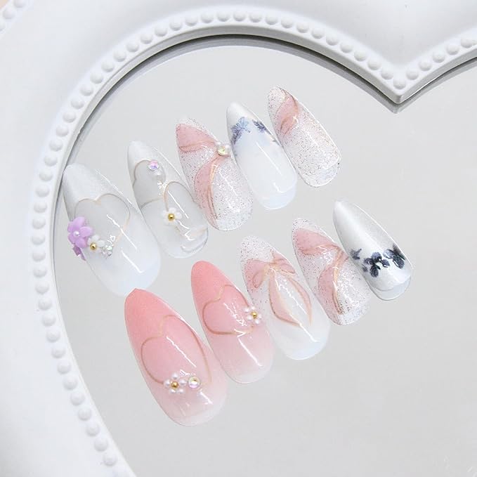 24Pcs Medium Almond Press on Nails Heart Bow Fake Nails 3D Pink Purple Flower with Pearl Glitter Full Cover Glue on Nails Cute False Nails Glossy Nude Pink Stick on Nails for Women Acrylic Nails DIY