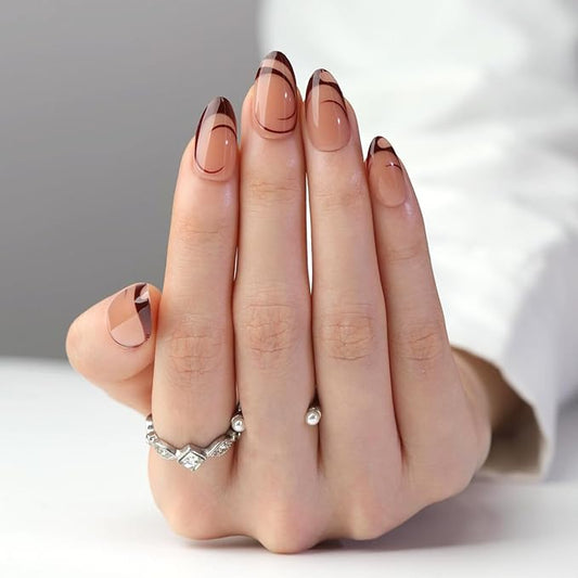 Brown French Tip Press On Nails Acrylic for Women - Designer Fake Nails Short Almond 24PCS, Glossy Soft Gel with Glue, Outdoor Picnic/Wedding/Party Reusable Glue On Nails Stick On Nails Gift