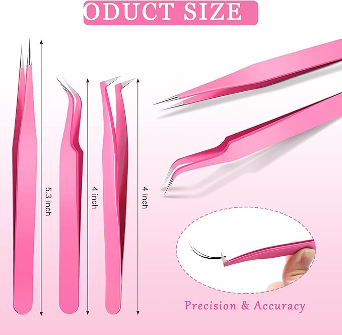 High Precision Lash Tweezers Set 6 Pack Stainless Steel Eyelash Extension Tweezers for Classic, Volume, Mega Volume Lashes, Facial Hair, Eyebrow, Hair Removal, Crafting Making(Pink)