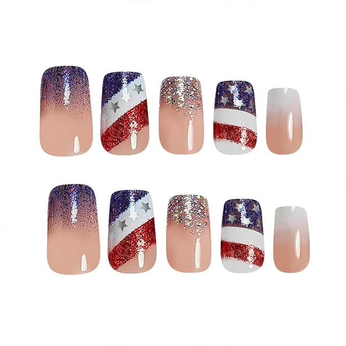 24Pcs 4th of July Press on Nails Short Square Fake Nails Silver French Tip False Nails with American Flag Design Glossy Full Cover Artificial Glue on Nails Independence Day Stick on Nails for Women