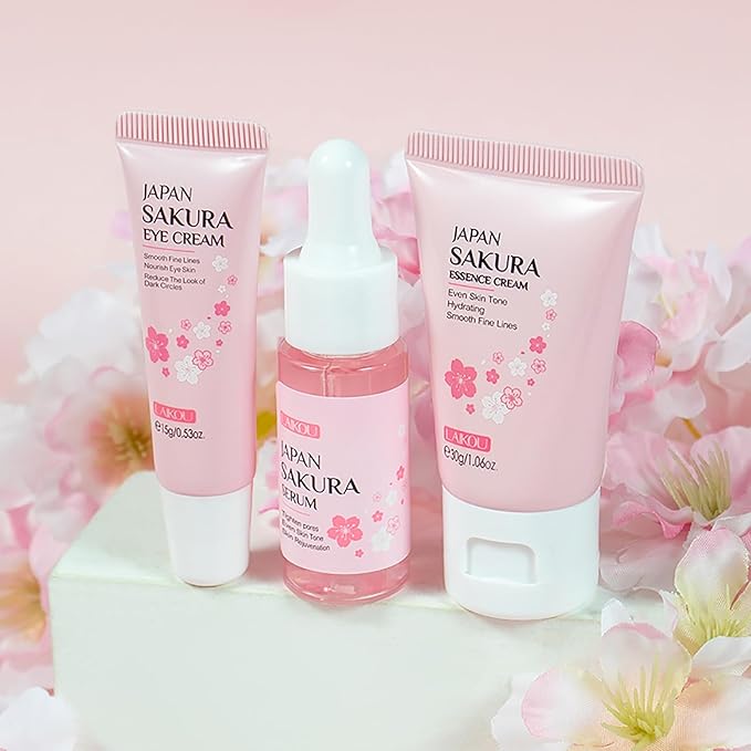LAIKOU Skin Care Set JAPAN SAKURA Beauty Gift Sets Skin Care Kit with Serum, Eye Cream, Face Cream Travel Kit for Women Wife Mom Teen Girls TSA-friendly Sizes Christmas Gift 3pcs