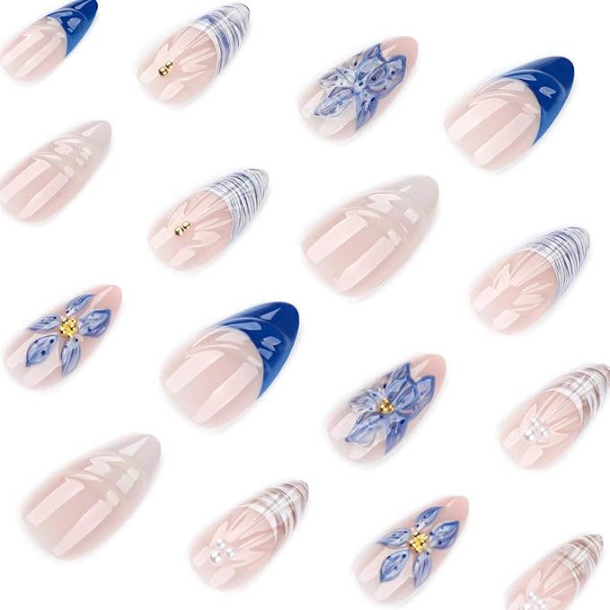24Pcs French Tip Press on Nails Medium Almond Blue Flower Fake Nails 3D Flower Shell with Gold Bead Pearl Glitter Full Cover Cute Glue on Nail Summer Beach False Nails for Women Acrylic Nails DIY