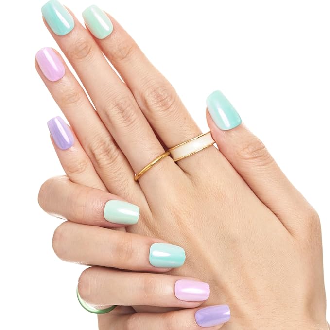 GLAMERMAID Press on Nails Extra Short Square, Color Skipping Chrome Spring Handmade Gel Glue on Nails, Glossy Fake Nails Reusable Acrylic False Nails Manicure Kits for Women