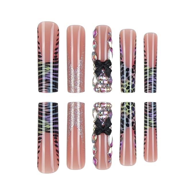 Long Press on Nails Square Fake Nails with Blakc Bow Designs XL Artificial Nail Leopard Stick on Nail Extra Long for Women 24pcs