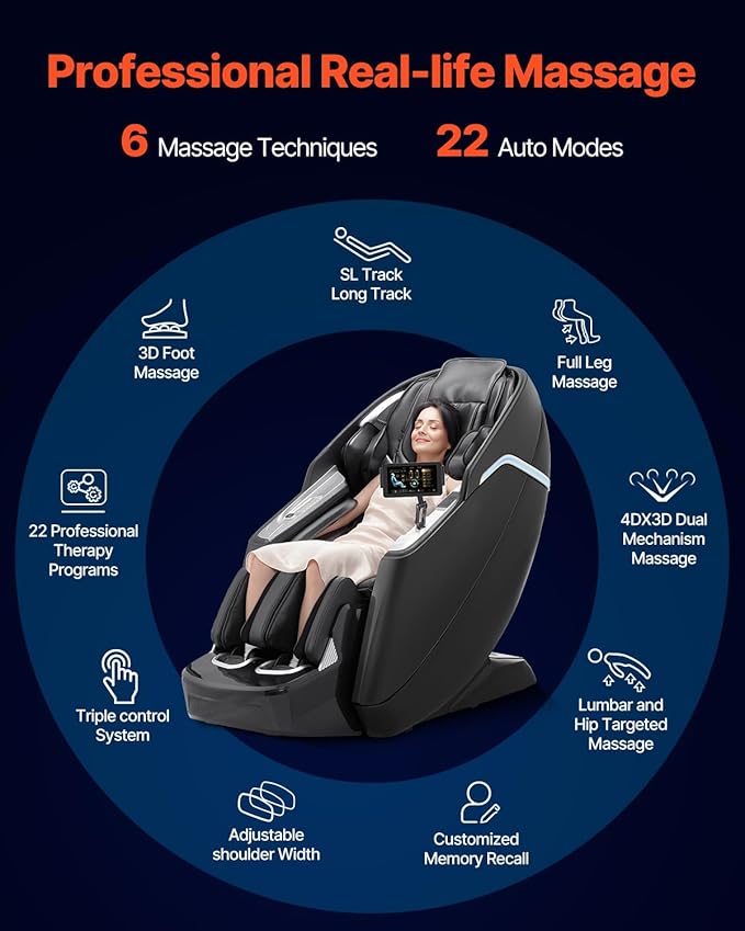 VEVOR 4D+3D Full Body Massage Chair - SL Track, AI Voice Control, Electric Extendable Footrest, Yoga Stretch, TFT Touchscreen, Home Relaxation