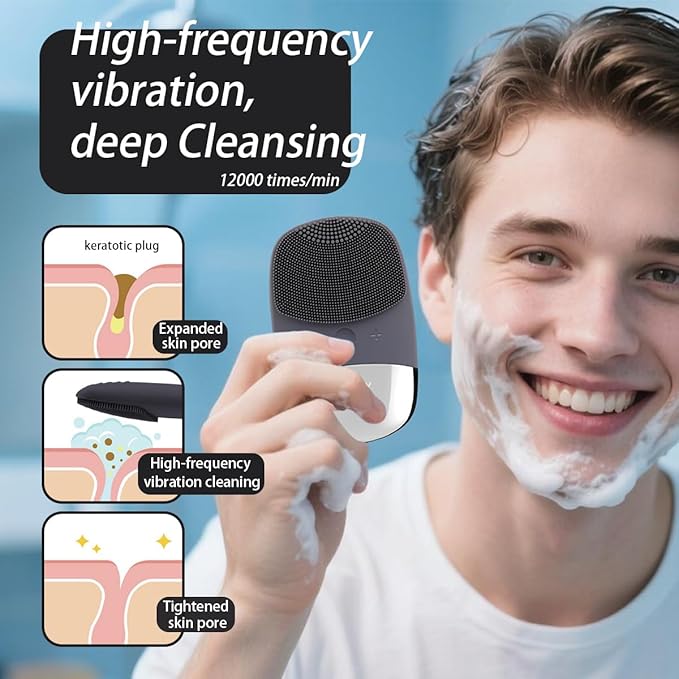 Facial Cleansing Brush, 3-in-1 Electric Silicone Face Scrubber, Vibrating Massager, IPX7 Waterproof, USB Rechargeble Pore Brush for Deep Cleanning, Blackhead Remover, Exfoliating (Gray)