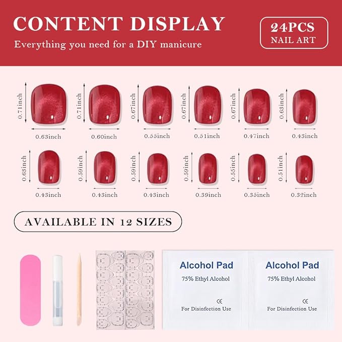 evpct Red Cat Eye Extra Short Press on Nails Square, Petite Short Square Glue on Nails for Women Gift, Real Red Metallic Glitter Glossy Reusable Stick Gel Press on Acrylic Fake Nail with Designs