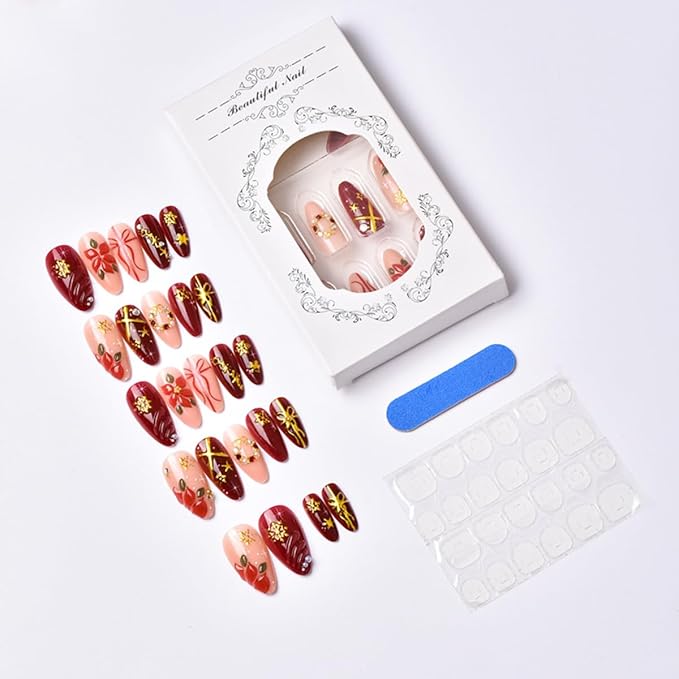 24Pcs Christmas Press on Nails Almond Handmade Fake Nails Snowflake Red Xmas Flower False Nails with 3D Gilding Bow Poinsettia Pearl Wreath Charms Medium Glue on Nails for Women New Year Manicure