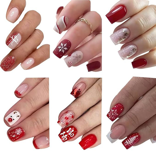 144 Pcs Christmas Press on Nails Short Square Fake Nails with Snowflake False Nails with Designs Elk Glue on Nail Full Cover Winter Xmas Acrylic Stick on Nail for Women Manicure 6 Packs