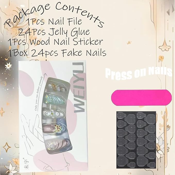 French Tip Press on Nails Medium Almond Nails Tip 3D Butterfly Fake Nails Reusable Cute Flower Acrylic Nails Gem Rhinestones False Nails with Water Ripples Design for Women Manicure Accessories 30Pcs