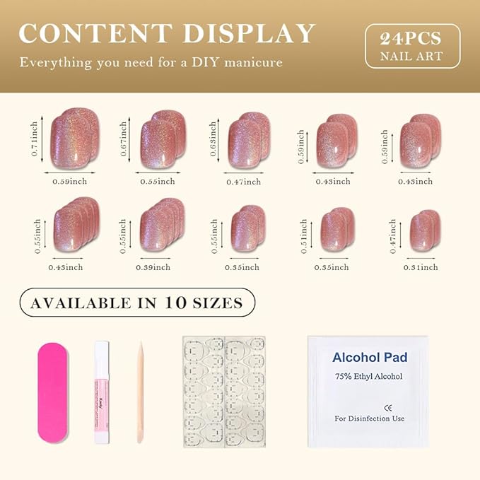 Cat Eye Pink Glitter Press On Nails Short Square, Designer Reusable Acrylic Fake Nails with Glue, Glossy Soft Gel Nails Wedding and Party, Stick On Glue On Nail, Nails Press Ons for Women