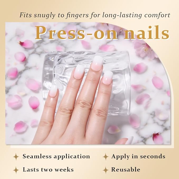 evpct Ombre Glossy Press on Nails Short Square, Nude to White Glossy Fake Nails Reusable, Acrylic False Nail Stick Glue on Press ons for Women Gifts, Color Ombre Artificial False Nail Kit Glue, 30Pcs