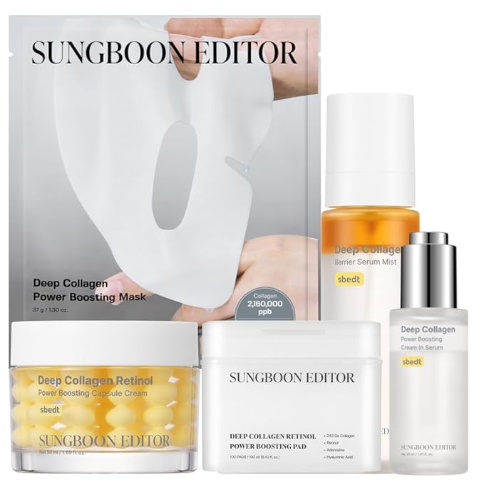 SUNGBOON EDITOR Deep Collagen Ultimate Collagen Glow Set | Filler Serum, Glowy Mist, Retinol Capsule Cream, Pads & Overnight Mask | Anti-Wrinkle, Hydration & Skin Elasticity Set