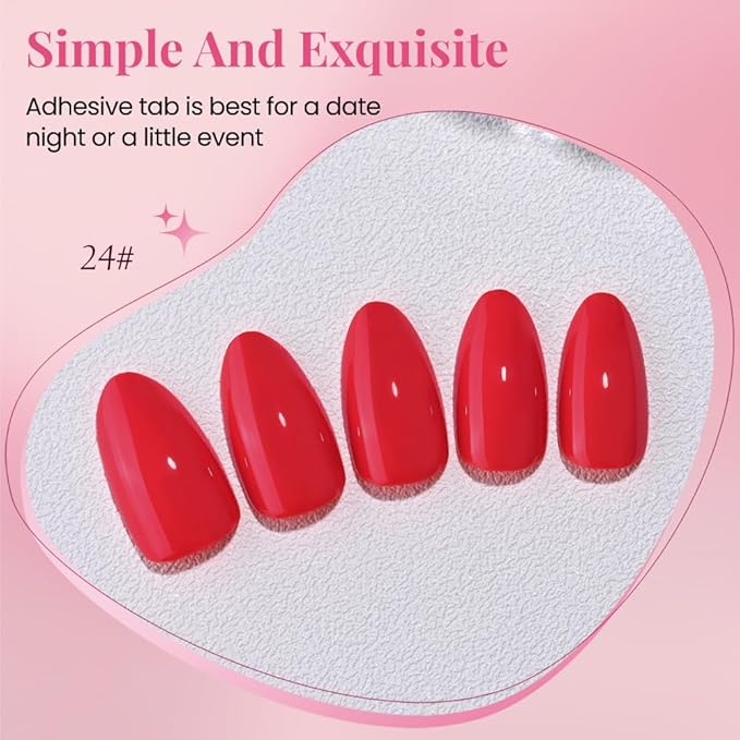 evpct Glossy Press on Nails Short Almond Short for Women, Vermillion Red Fake Nail with Glue Salon Quality Reusable Stick on Nails In 15 Sizes 30Pcs Full Cover False Nail Soft Gel Set Kit for Gift, 24
