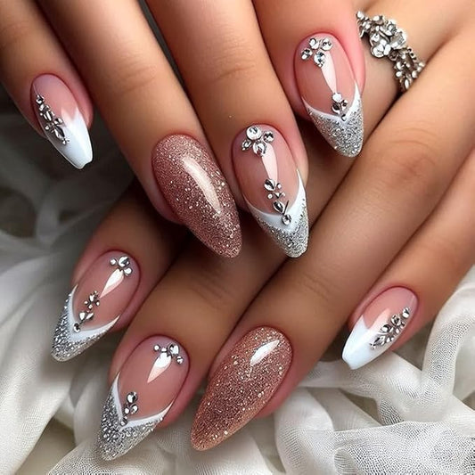 French Tip Press on Nails Almond Medium Fake Nails Glitter Acrylic Nails with Rhinestone False Nails Full Cover Glue on Nails Artificial Nails for Women Girls Manicure Nails Decoration 24Pcs