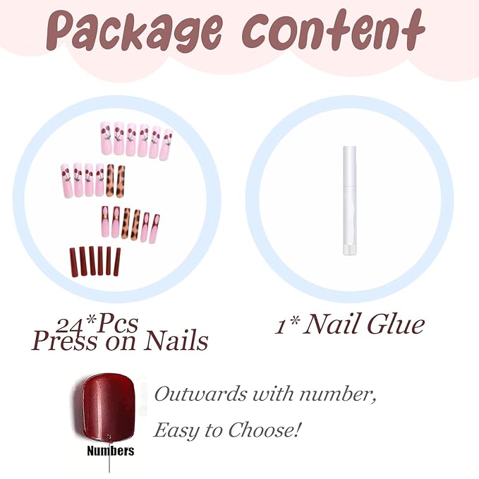 BABALAL Press on Acrylic Nails Long Square Fake Nails Brown Cheetah Glue on False Nails Red French Tip Y2k Wild Design 24pcs Manicure Stick Supplies DIY Artificial Art