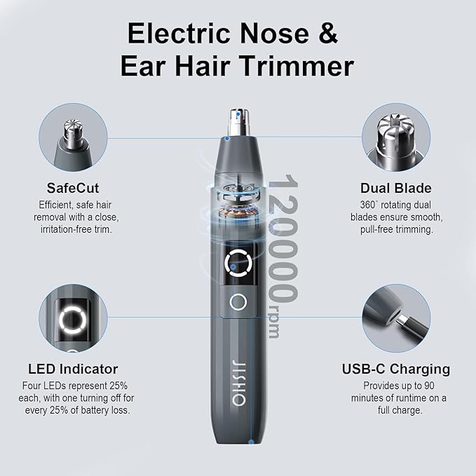 JISHO Rechargeable Ear and Nose Hair Trimmer for Men Women-12000 RPM Powerful Motor with Dual Edge Blades, Waterproof, USB Type-C, Easy to Clean Travel Size（1 Refill）