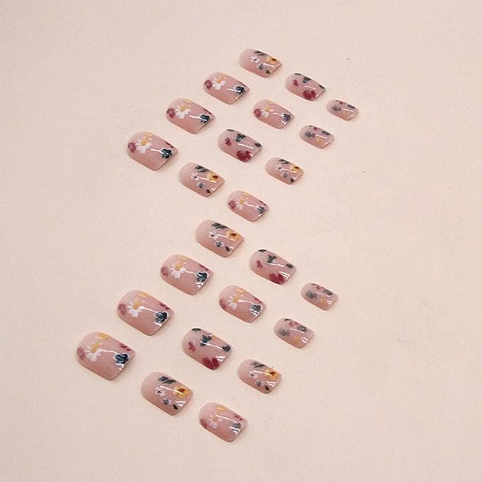 Square Press on Nails Short Fake Nails Nude False Nails with Flower Design Acrylic Artificial Nails Glossy Glue on Nails Full Cover Stick on Nails for Women Manicure Art 24Pcs
