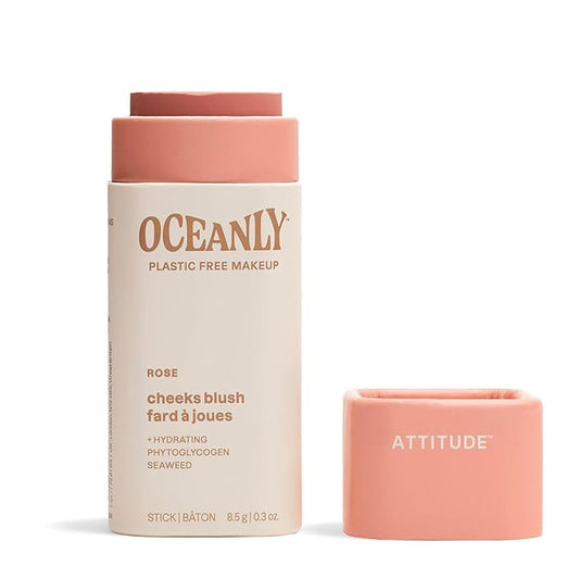 ATTITUDE Oceanly Lightweight Blush Stick, Titanium Dioxide-Free, EWG Verified, Plastic-Free, Vegan & Cruelty-free Makeup, Rose, 0.3 Ounces