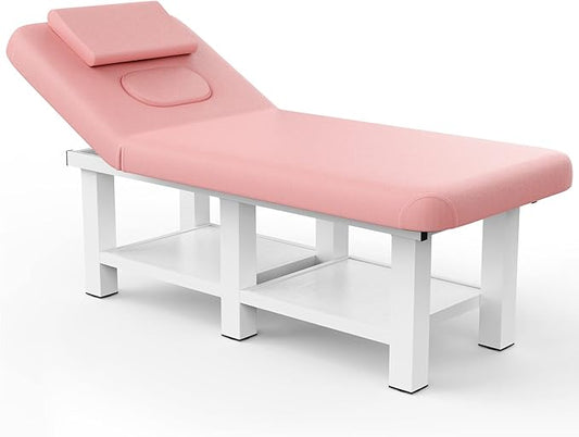 Stationary Massage Table with Backrest and Storage Space, 6 Square Legs Metal Frame PU Leather, 31.5'' Wide × 75'' Long for Treatment Table Physical Therapy Table Spa Facial Bed, Pink