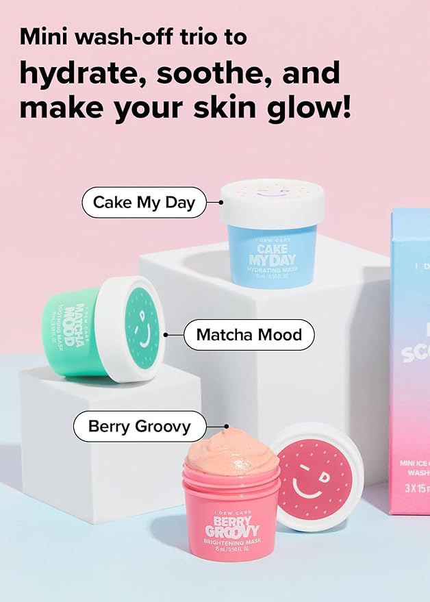 I DEW CARE Mini Scoops Wash Off Face Mask Skin Care Trio + Brown Bear Spa and Makeup Headband + Soft Silicone Face Mask Brush Bundle