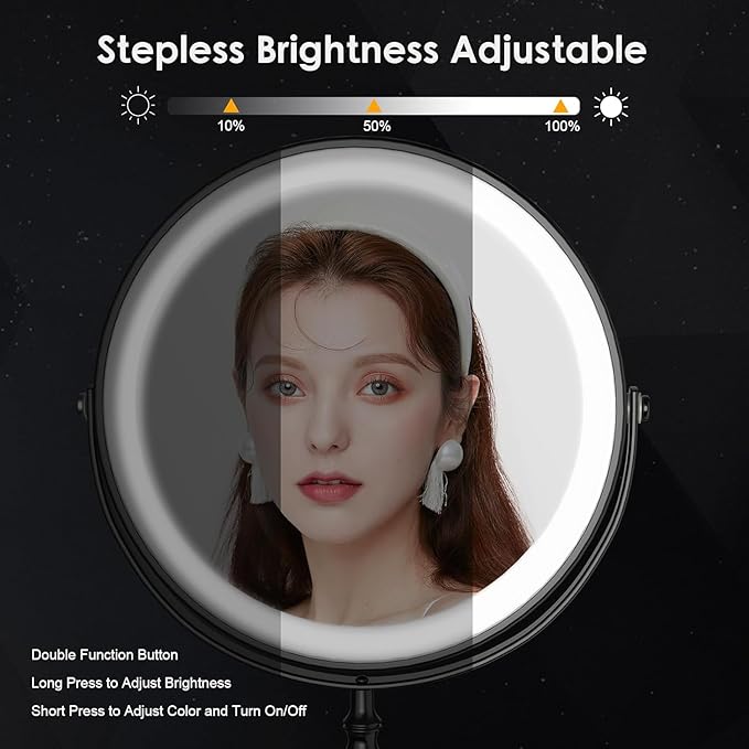 Lighted Makeup Mirror, 3000 mAh Rechargeable Double Sided Magnifying Vanity Mirror with 3 Colors, 1x/10x, 360° Rotation , Brightness Adjustable Magnification Cosmetic Light up Mirror, Women Gift