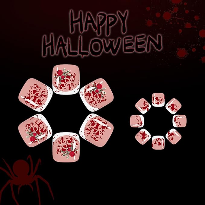 24Pcs French Tip Press on Toenails Short Square Fake Toe Nails with Bloody Designs 3D Spider False Toenails Glue on Nails Halloween Acrylic Nails Press on Spider Rhinestones Stick on Nails for Women