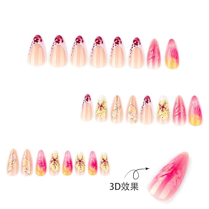 24Pcs French Tip Press on Nails Medium Almond Fake Nails with 3D Flower Designs Leopard Print Almond Nails Tips Acrylic Nails Full Cover Pink Glossy False Nails Glue on Nails for Women Nail Decoration