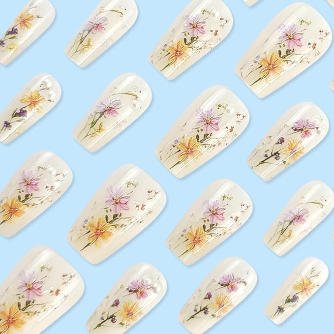 24Pcs Flower Press on Nails Short Coffin Fake Nails Spring Summer Nails with Pearl Floral Artificial Nails Glossy Glue on Nails Full Cover Nude Acrylic Stick on Nails for Women Manicure Art Design