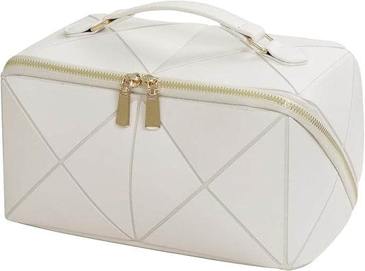 IMCUZUR Travel Makeup Bag Large Cosmetic Bag for Women, Open Flat Make up Bag Portable Skincare Bag with Handle (White)